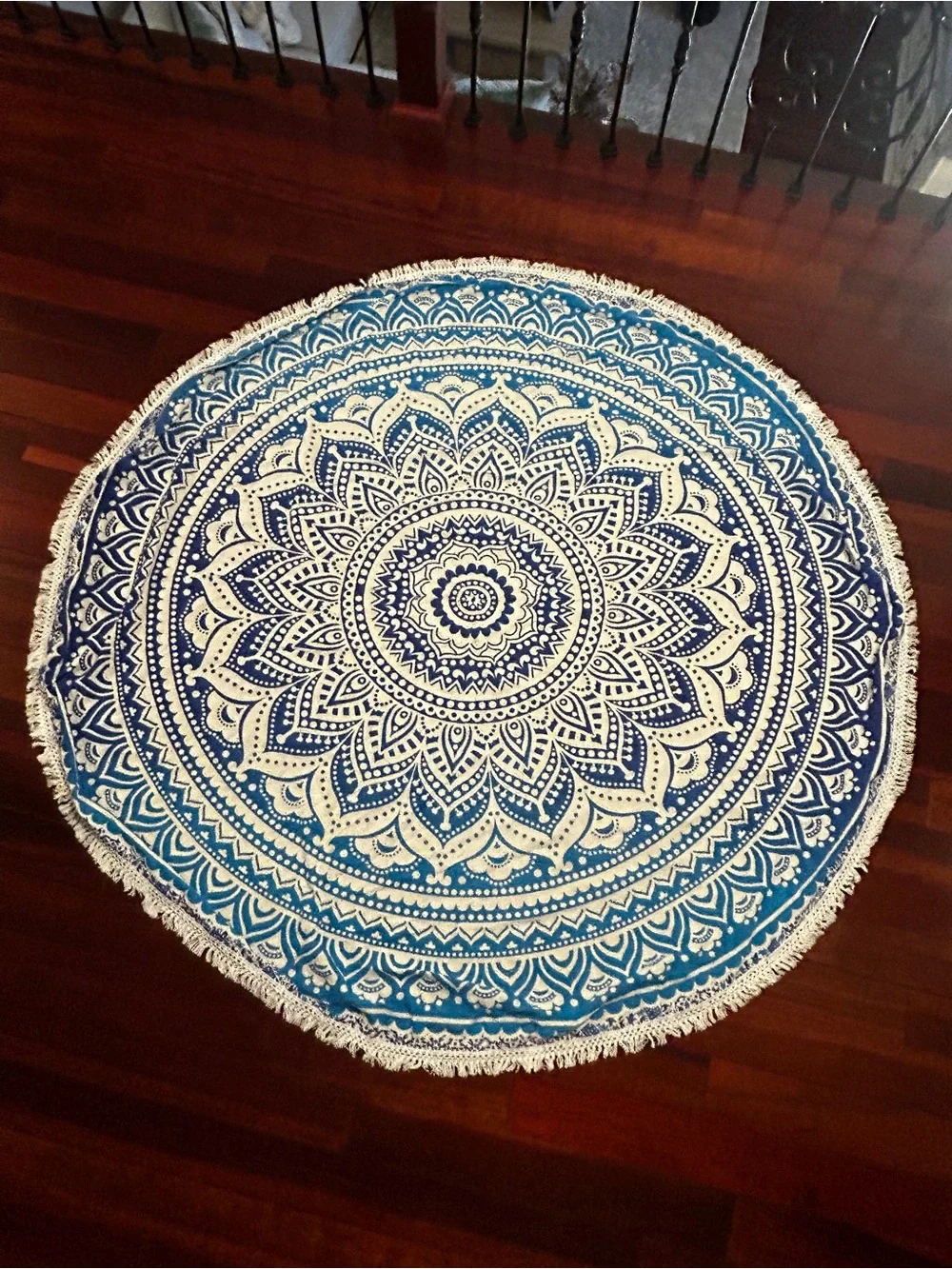 Round Blue Mandala Tapestry w/ Outer Fringe | 64-65 Inches in Diameter